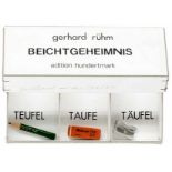 Rühm, Gerhard. Beichtgeheimnis. Box mit 3 Fächern, die auf dem Innenboden mit "Teufel, Taufe,