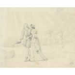 Hosemann, Theodor. Ohne Titel (Junges Paar beim Spaziergang). Bleistiftzeichnung auf dünnem