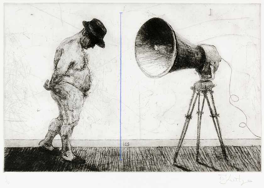 Kentridge, William. Man with Megaphone. Aquatinta-Radierung mit blauem Kreidestrich auf Fabriano-