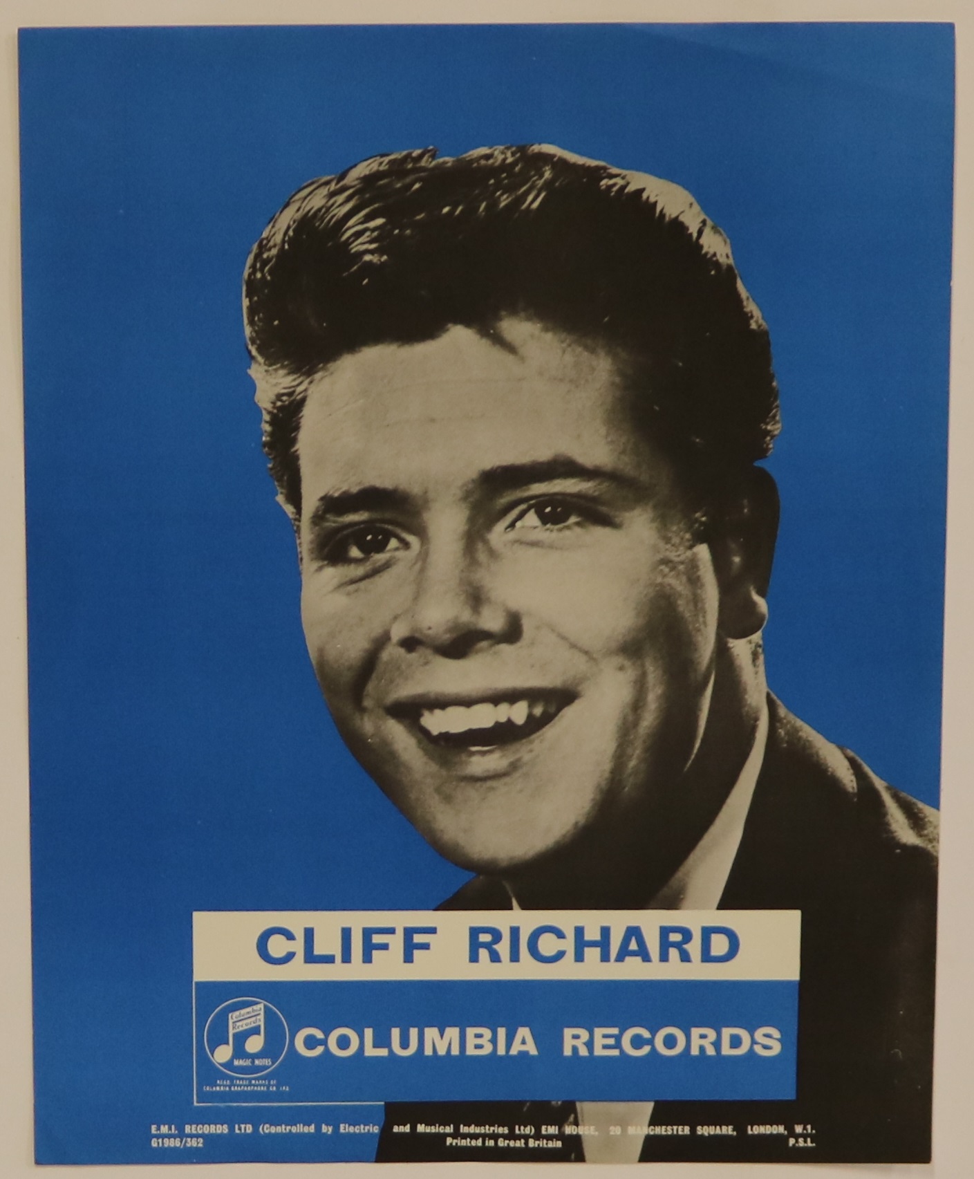 CLIFF RICHARD - a Columbia Records promotional poster featuring Cliff Richard c1962.