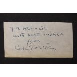 COLE PORTER - a note signed by Cole Port