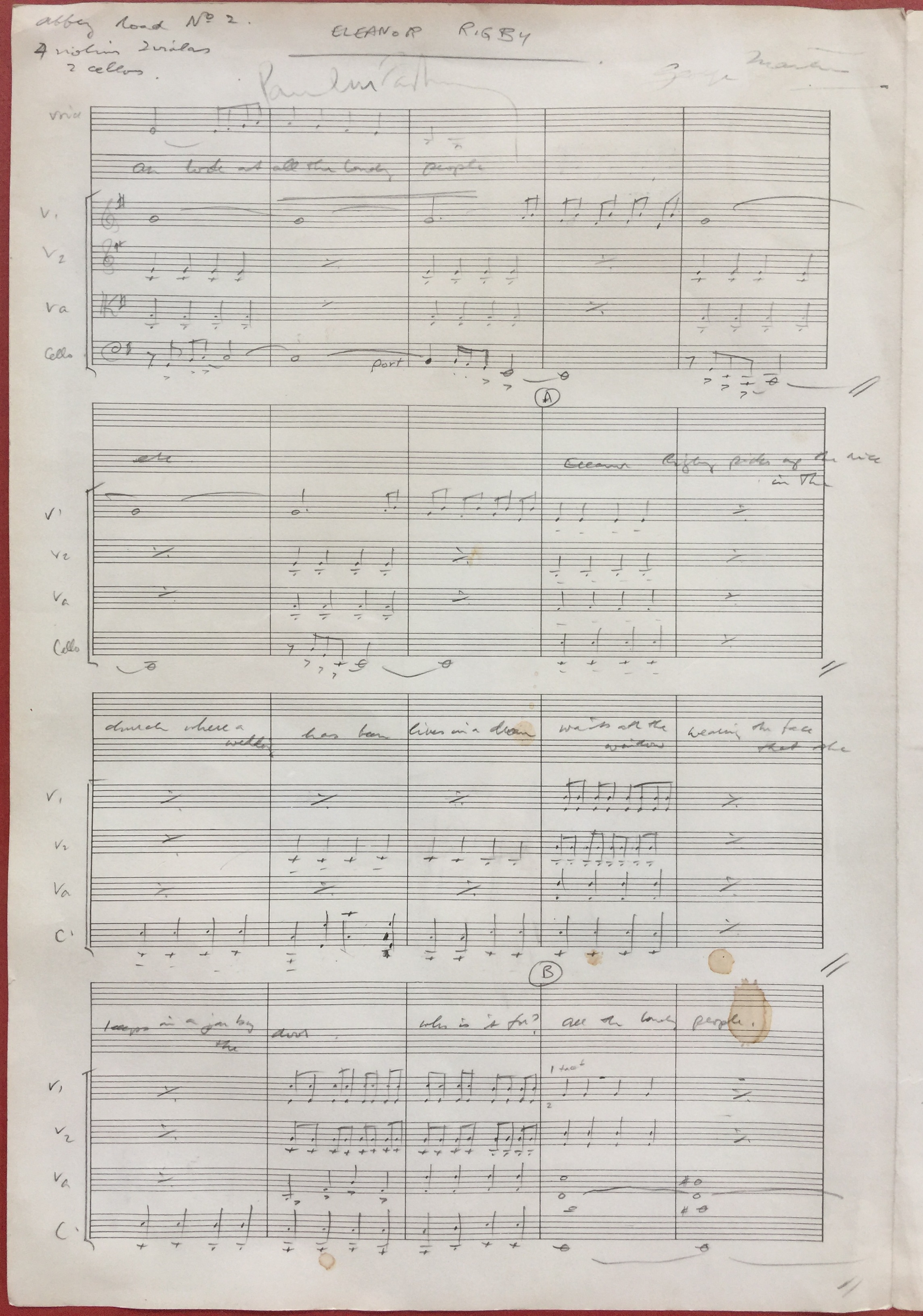 ELEANOR RIGBY MUSIC SCORE - an original handwritten musical score in George Martin's hand for Paul - Image 3 of 9