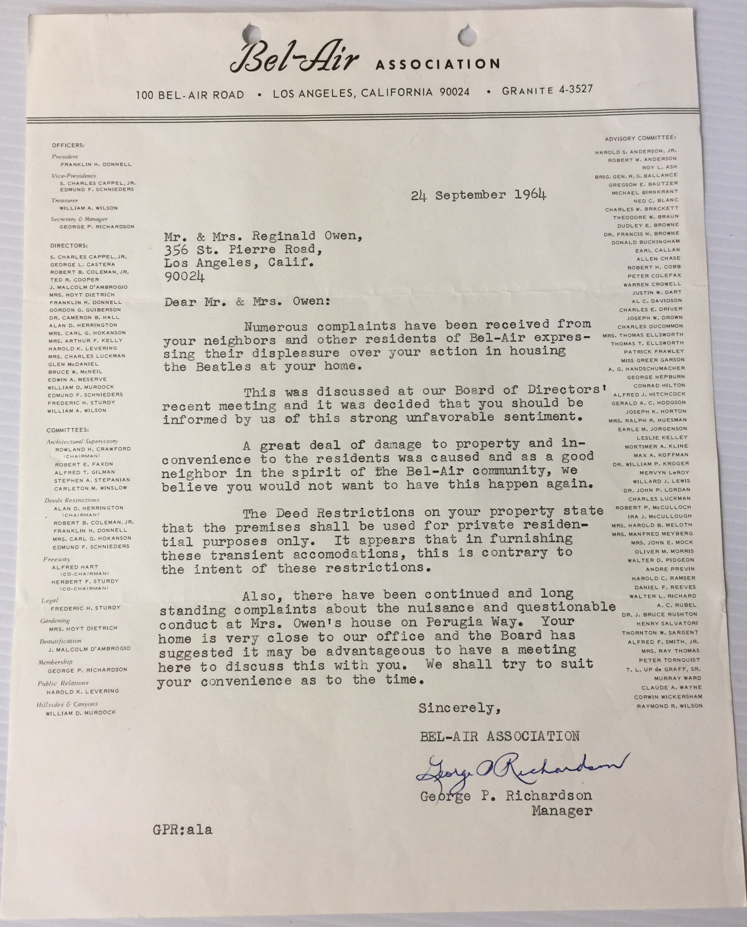 BEATLES LETTER OF COMPLAINT - original hand signed letter written from the "Bel-Air Association" to