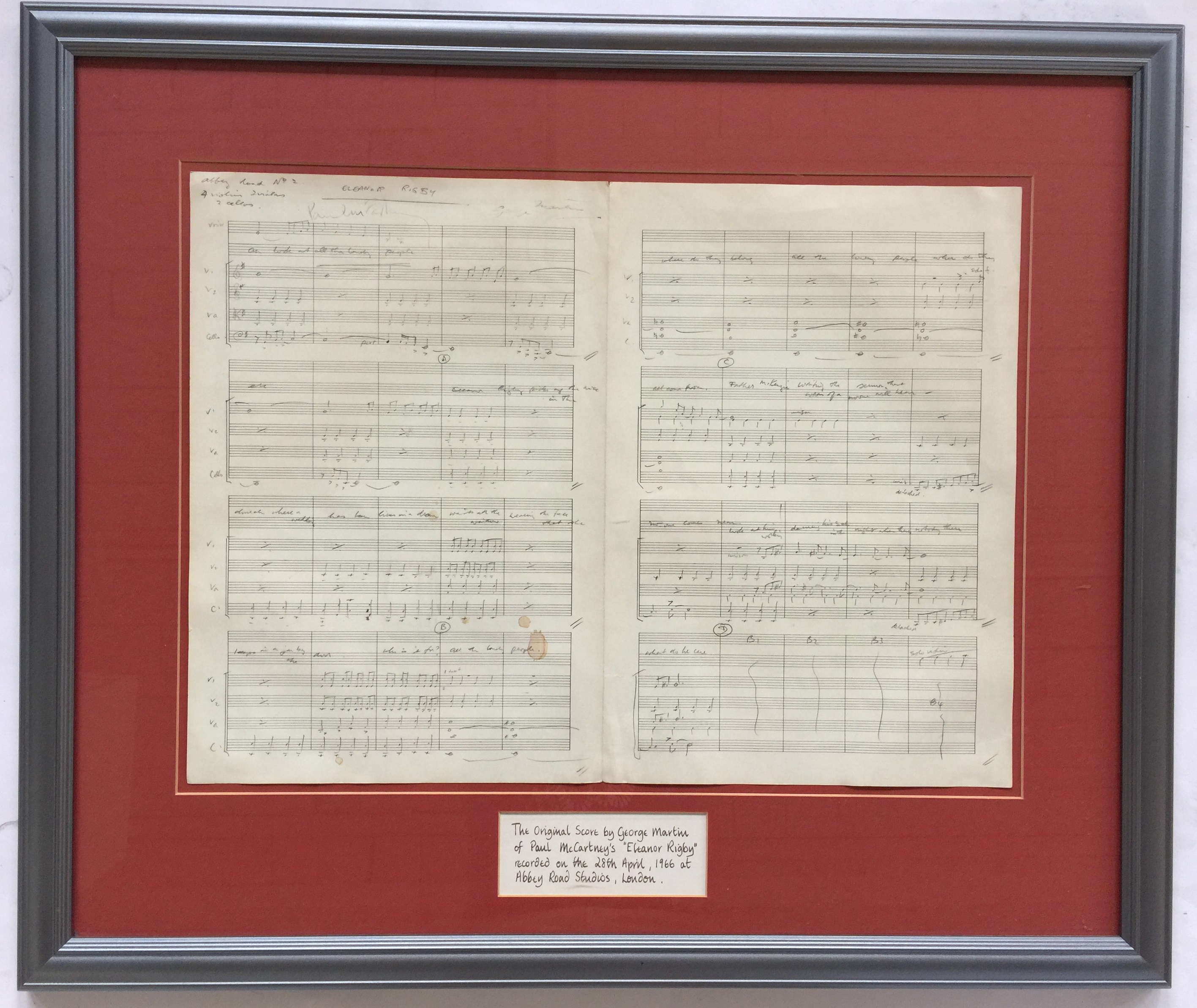 ELEANOR RIGBY MUSIC SCORE - an original handwritten musical score in George Martin's hand for Paul