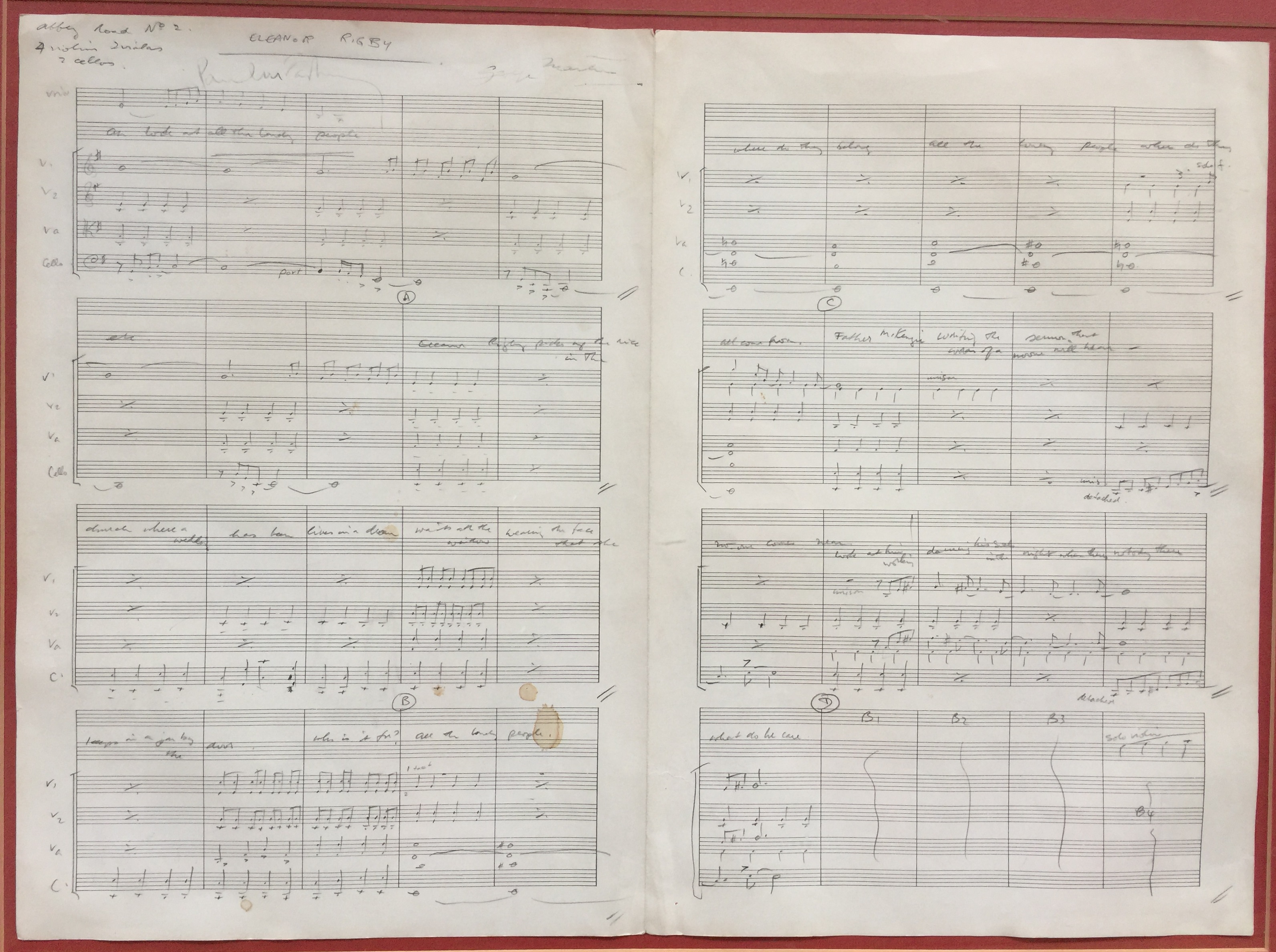 ELEANOR RIGBY MUSIC SCORE - an original handwritten musical score in George Martin's hand for Paul - Image 2 of 9