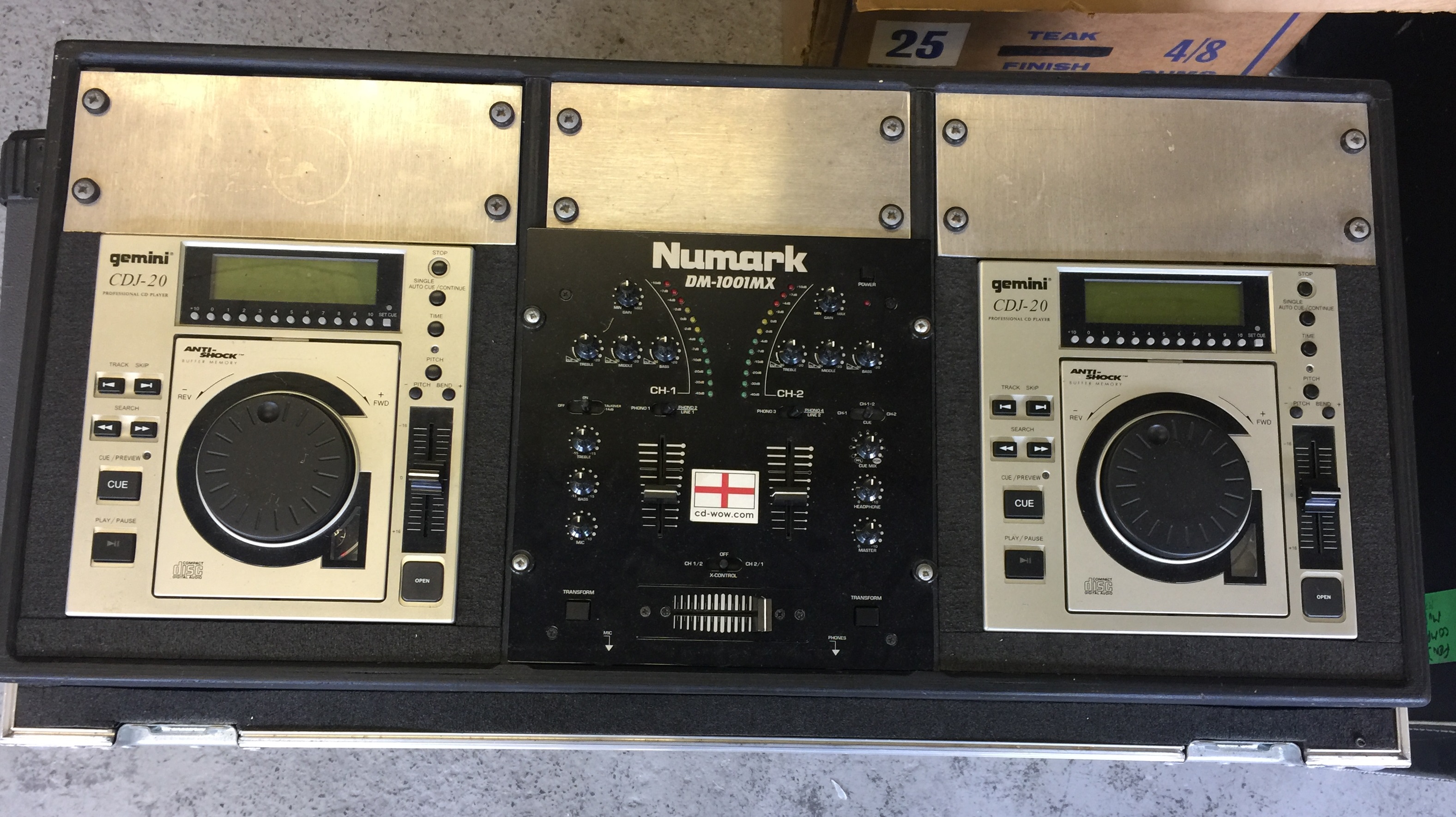 CD DECKS & SPEAKERS - set of Gemini CDJ-20 CD decks and a NumarkDM-1001MX mixer housed in a BSH