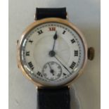9CT GOLD LANCO WATCH - 9ct gold case with 25 jewel movement on a black leather strap.