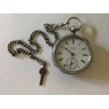 SILVER POCKET WATCH - on a silver chain with key. Dial marked S.