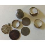 GOLD RINGS & SILVER - 3 9ct gold rings and 4 silver items (coins, pendant & thimble).