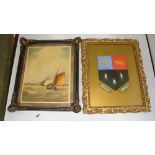 Early 20th century hand painted Heraldic watercolour and Edwardian burnished copper picture frame