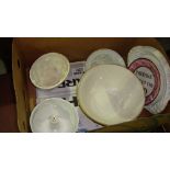 Box of china including advertising jelly moulds etc.