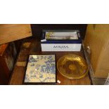 Vintage gilded glass plates, embroidery,