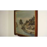 Early 20th century Japanese embroidery of Country Landscape with River in oak frame