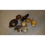 Assorted gold and other jewellery : cross, photo locket, mourning pendant , coal bar brooch,