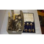 Box of assorted silver plated flatware and silver tea spoon