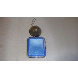 Silver plated and blue enamel cigarette case stamped JWT internally and tea / claret strainer,