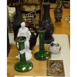 Pair of green glaze Watcombe Pottery ware candlesticks, Parian ware figure,