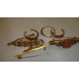 Unmarked gold rope twist bar brooch & scrap gold rings 9 g and other brooches etc.