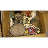 Box of assorted costume jewellery including watches, bangles, necklaces, beads purses,