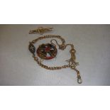 Hardstone and unmarked gold metal brooch ( 1 stone missing ) 9ct gold watch chain 17 g and 9 ct