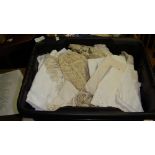 Assorted linen lace christening gowns, records etc.