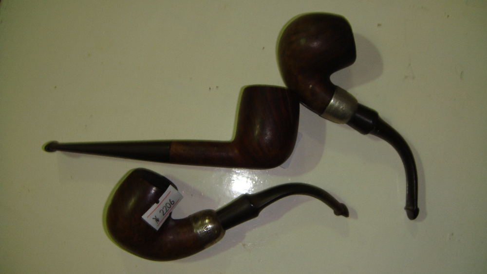 Dunhill white spot pipe (cracked bowl) & two other silver collared pipes