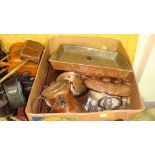 Box of oddments : vintage oak case mantle clock,