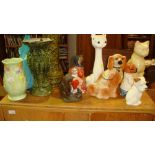 Assorted Staffordshire pottery dogs, Melba ware, glass drop lustre centre light fitment etc.