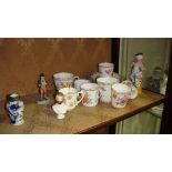 Shelf of decorative china ornaments : Dresden coffee cans, Royal Worcester bird plaque (damaged),