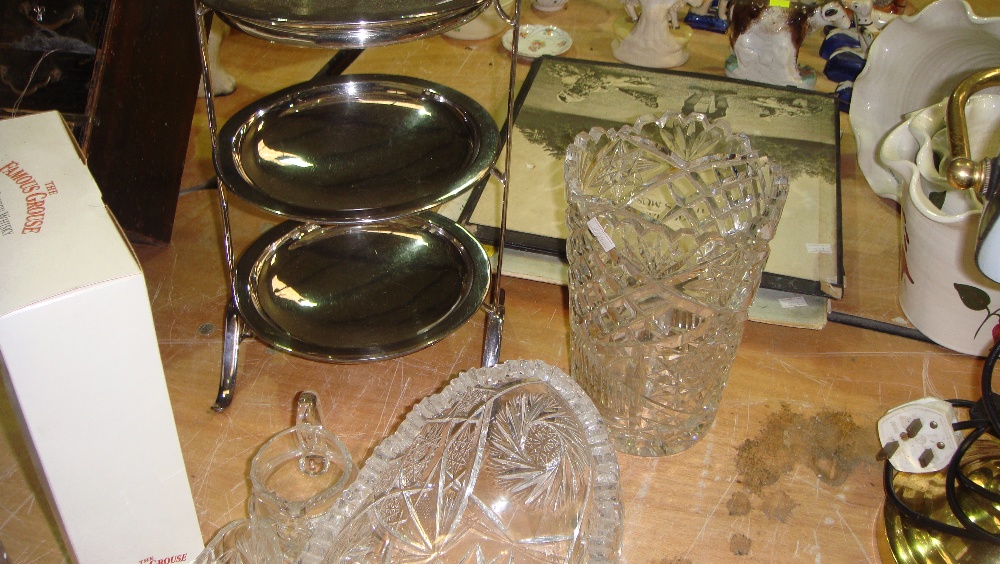 Silver plated cake stand and cut glass ware