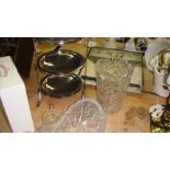 Silver plated cake stand and cut glass ware