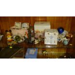 Assorted oddments : Beatrix Potter Bunnykins, marbles, glassware ornaments,