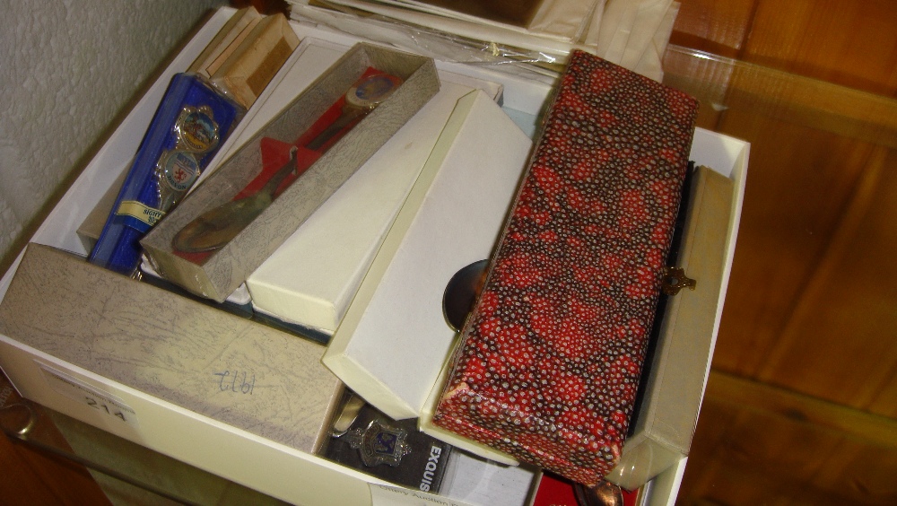 Box of silver plated souvenir spoons & glass slides