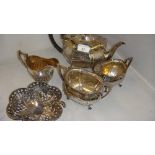 3 part silver plated tea set and one other cream jug