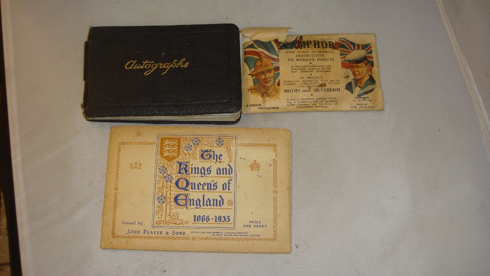 Vintage Camphor envelope, early 20th century guest autograph book,