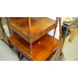 Reproduction mahogany sofa table and pair of bedside tables & antique copper warming pan