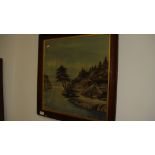 Early 20th century Japanese embroidery of Country Landscape with River in oak frame