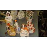 Assorted 19th century Staffordshire pottery flatback figure groups & hand decorated Watcombe