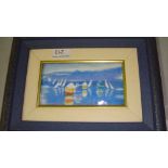 Modern Limoges enamel by Paul Buforn Boats framed 8 cms x 16 cms