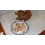 Chinese antique style plate and vintage Chinese carved wooden ox ornament with glass beaded eyes