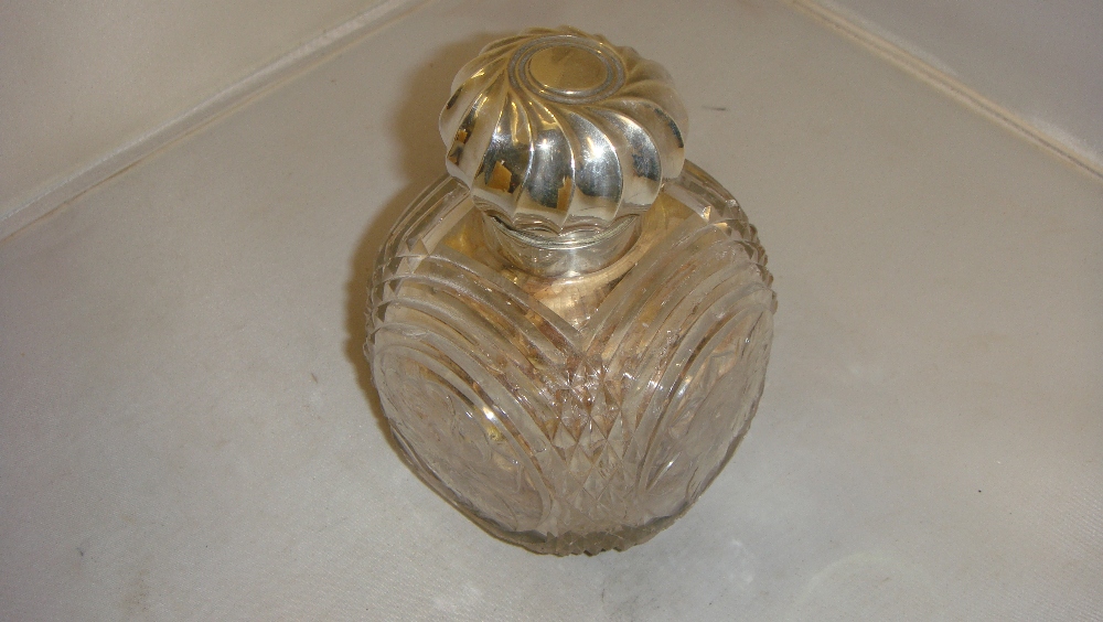 Large cut glass silver top scent bottle with hinged lid & stopper Birm.