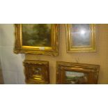 3 reproduction antique style pictures and 2 x 20th century oils on board