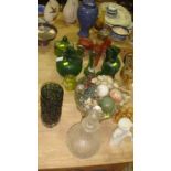 Assorted cranberry and green glass including Mary Gregory etc.