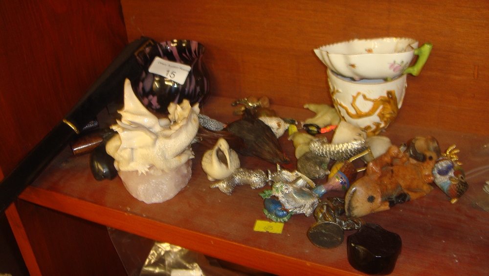 Shelf of ornament including 19th century continental porcelain cup (cracked) and sugar bowl