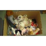 Assorted teddy bears & dolls & 2 x childs doll chairs, crib,