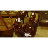 4 x interesting treacle glaze pottery ornaments signed Adeline : 2 x horses, Barrel shaped vessel,