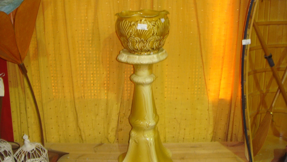 Vintage New Shell pattern majolica jardiniere on pedestal