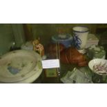 Shelf of decorative china : Wedgwood jasperware, terracotta wall plaques,