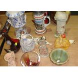 Decorative china : steins, fox figures, glassware, crinoline lady, Wade vase etc.