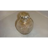 Large cut glass silver top scent bottle with hinged lid & stopper Birm.